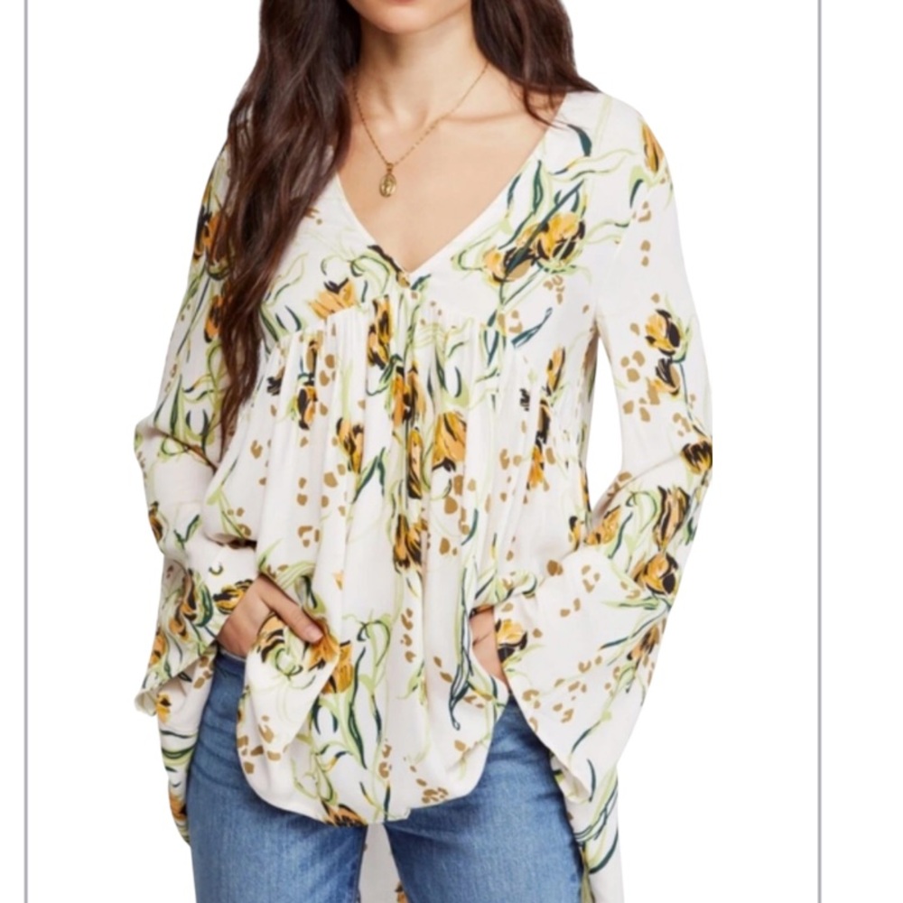 Free People Bella Floral Tunic Top Long Sleeve V Neck Ivory‎ Yellow Size Small - Picture 2 of 9